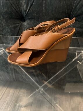 Tory Burch Tan Leather Slingback Wedge Sandals